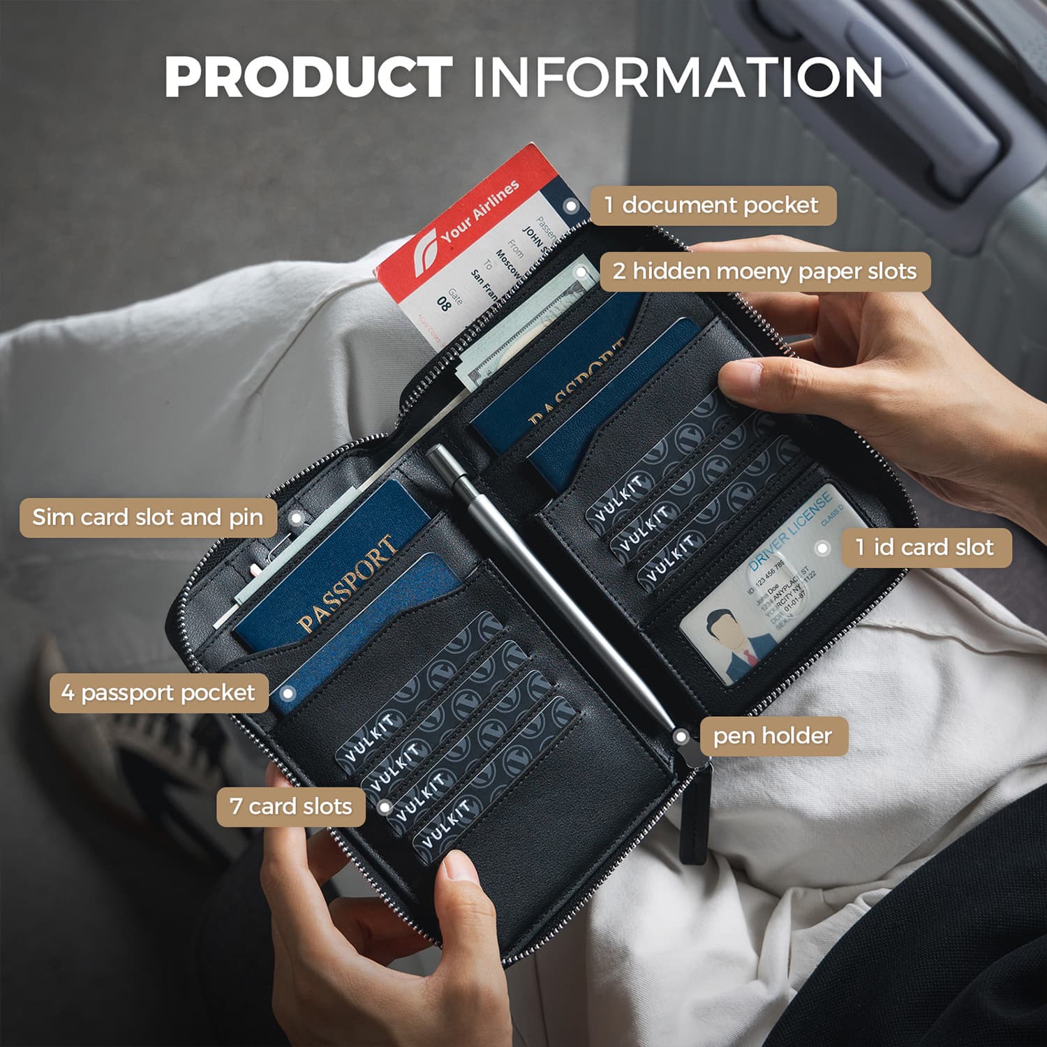 VULKIT Passport Card Holder VPW107 portapassaporto nero cerniera