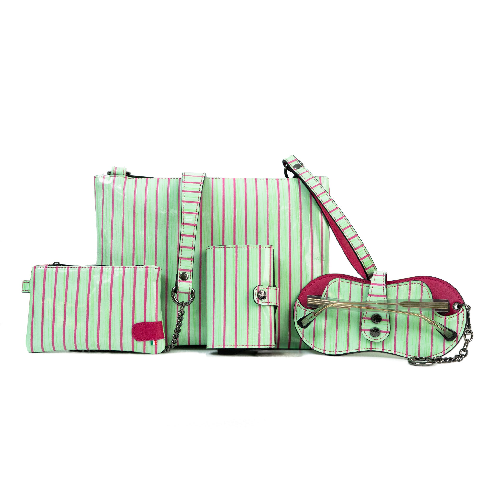 SLim Vera Pelle set portafoglio verde fucsia