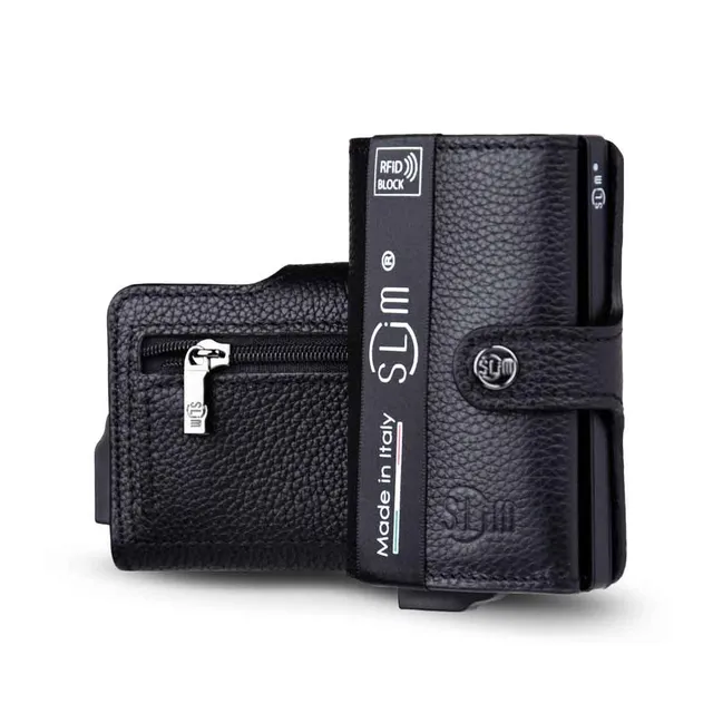 SLim Bottalato Portafoglio Nero Zip Pelle RFID