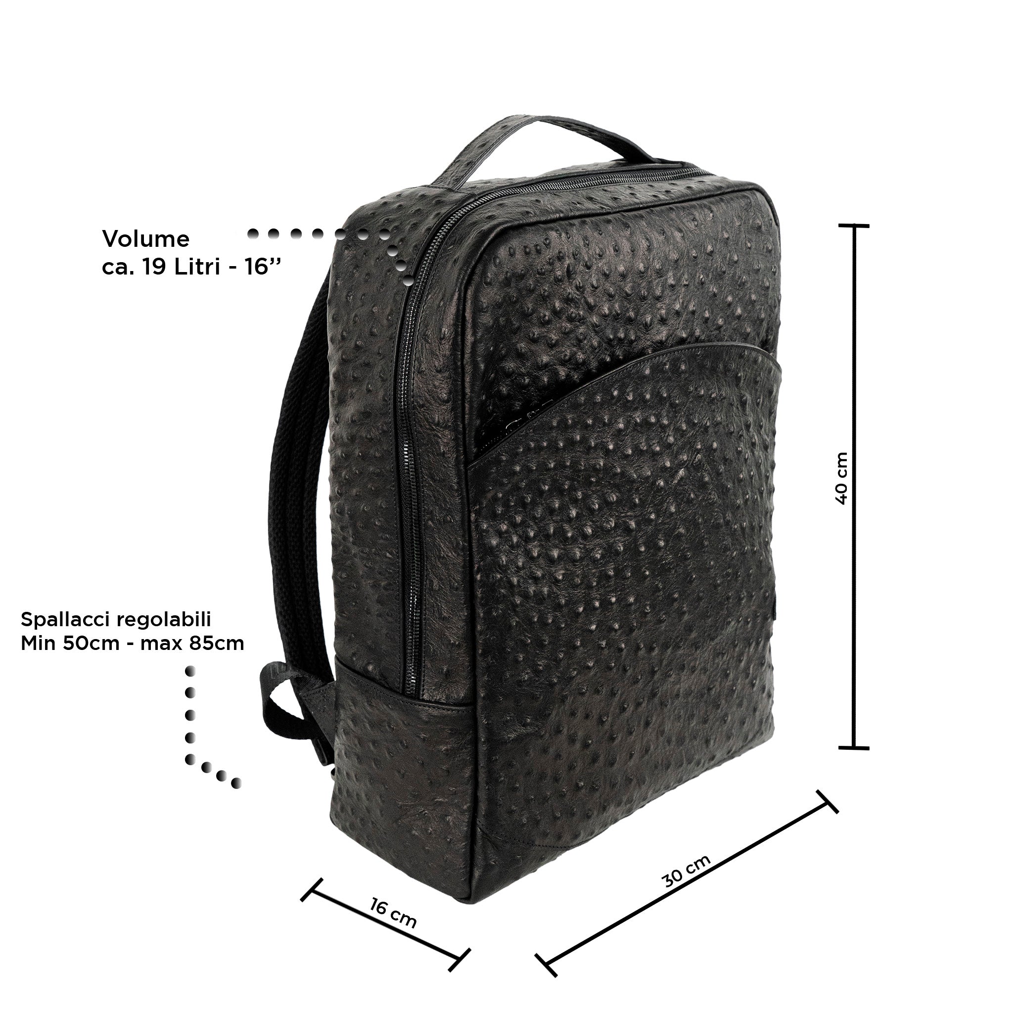 SLim Zaino Grande pelle struzzo nero 19L laptop 16" artigianale
