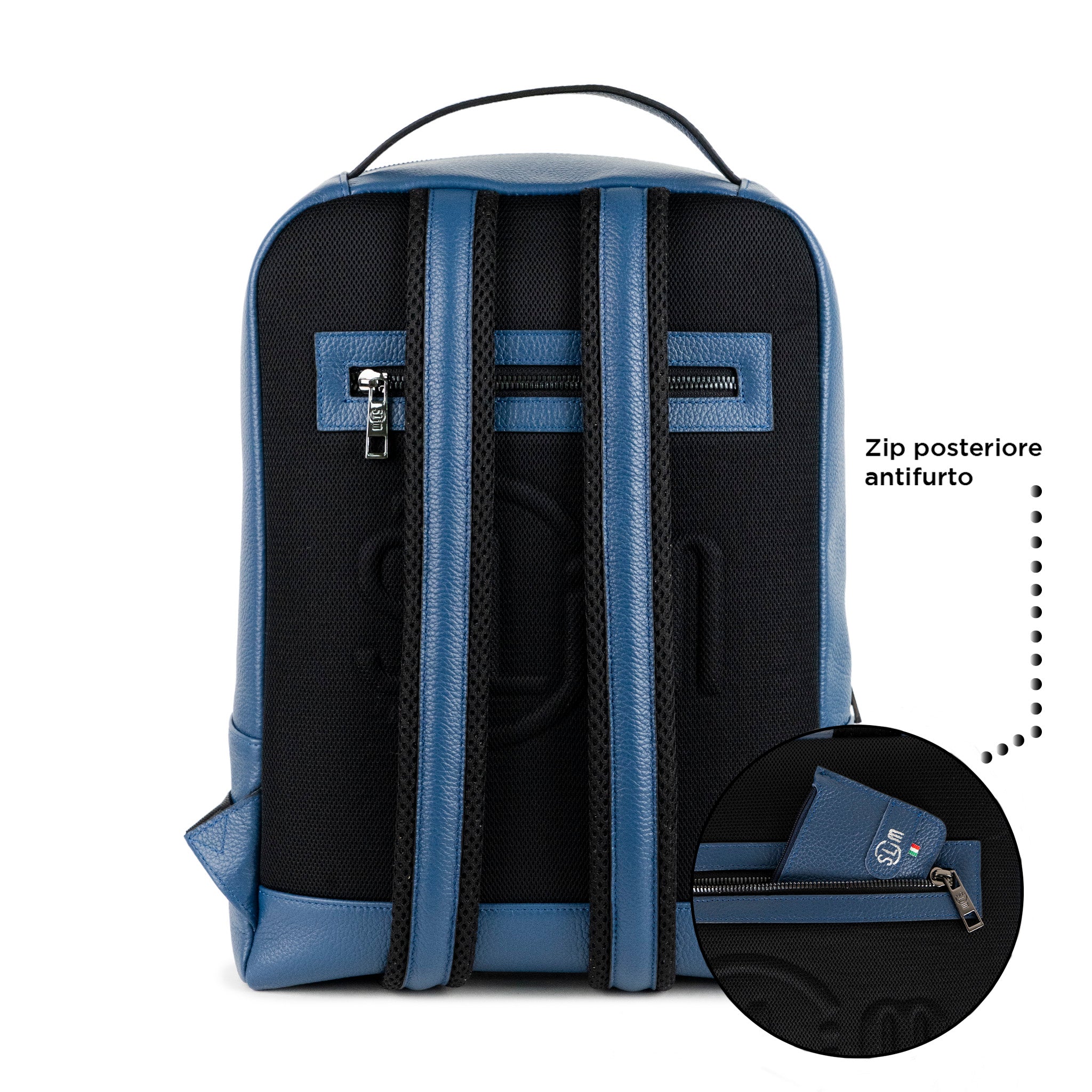 SLim Zaino Medio Vera Pelle Bottalato Blu laptop 14 pollici