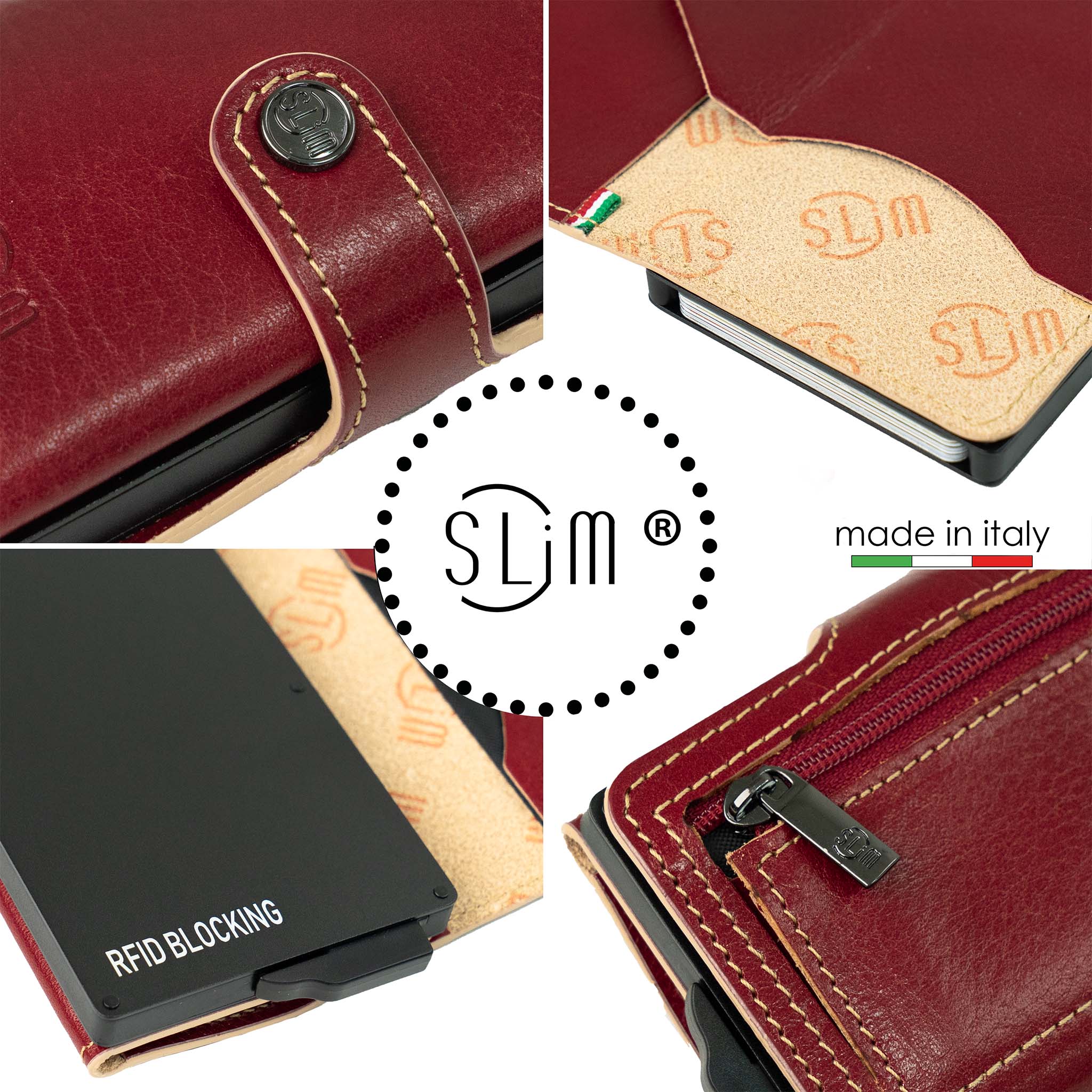 SLim Vera Pelle Portafoglio Rosso Concia Vegetale Zip RFID