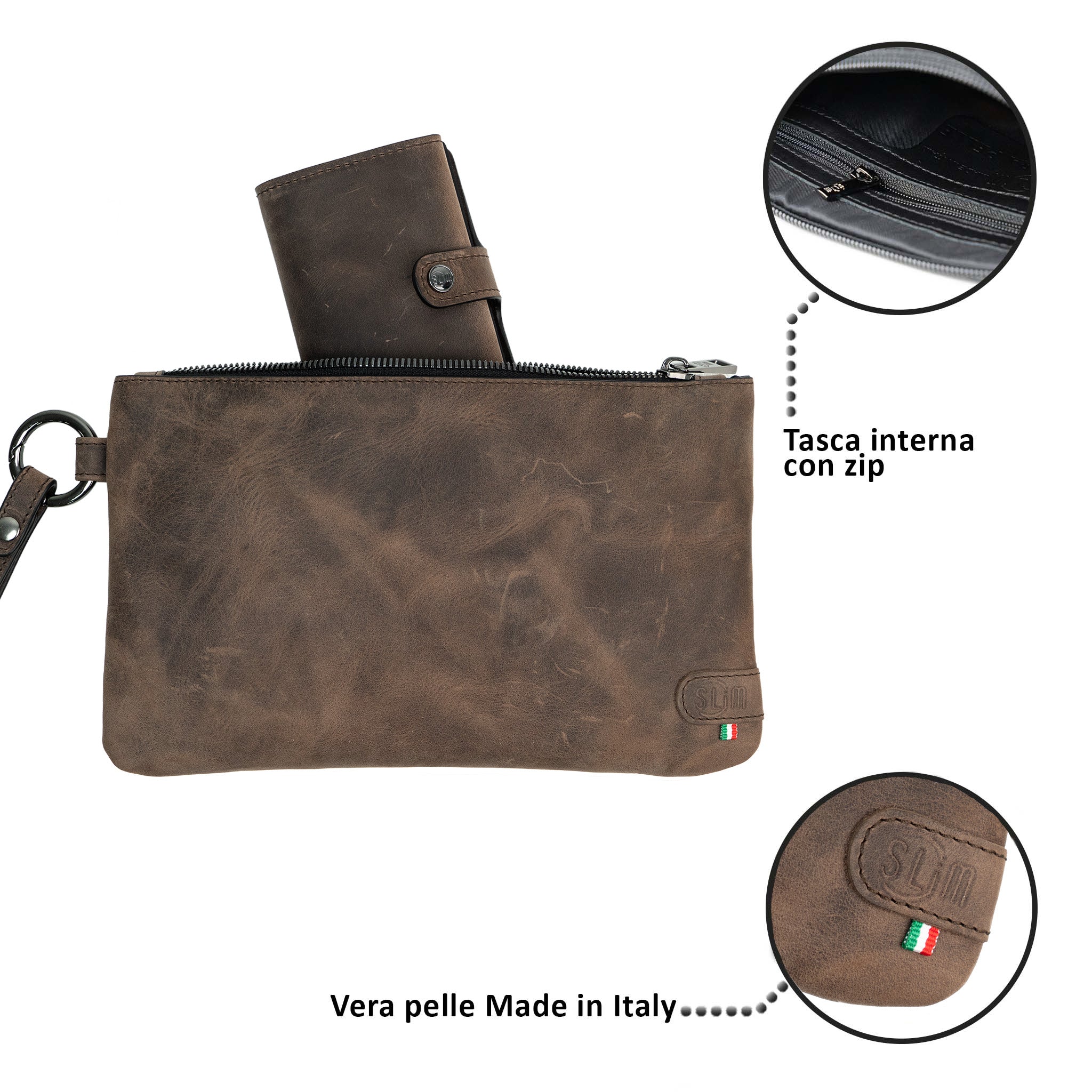 SLim Pochette Polsiera Crazy Brown vera pelle 23x14