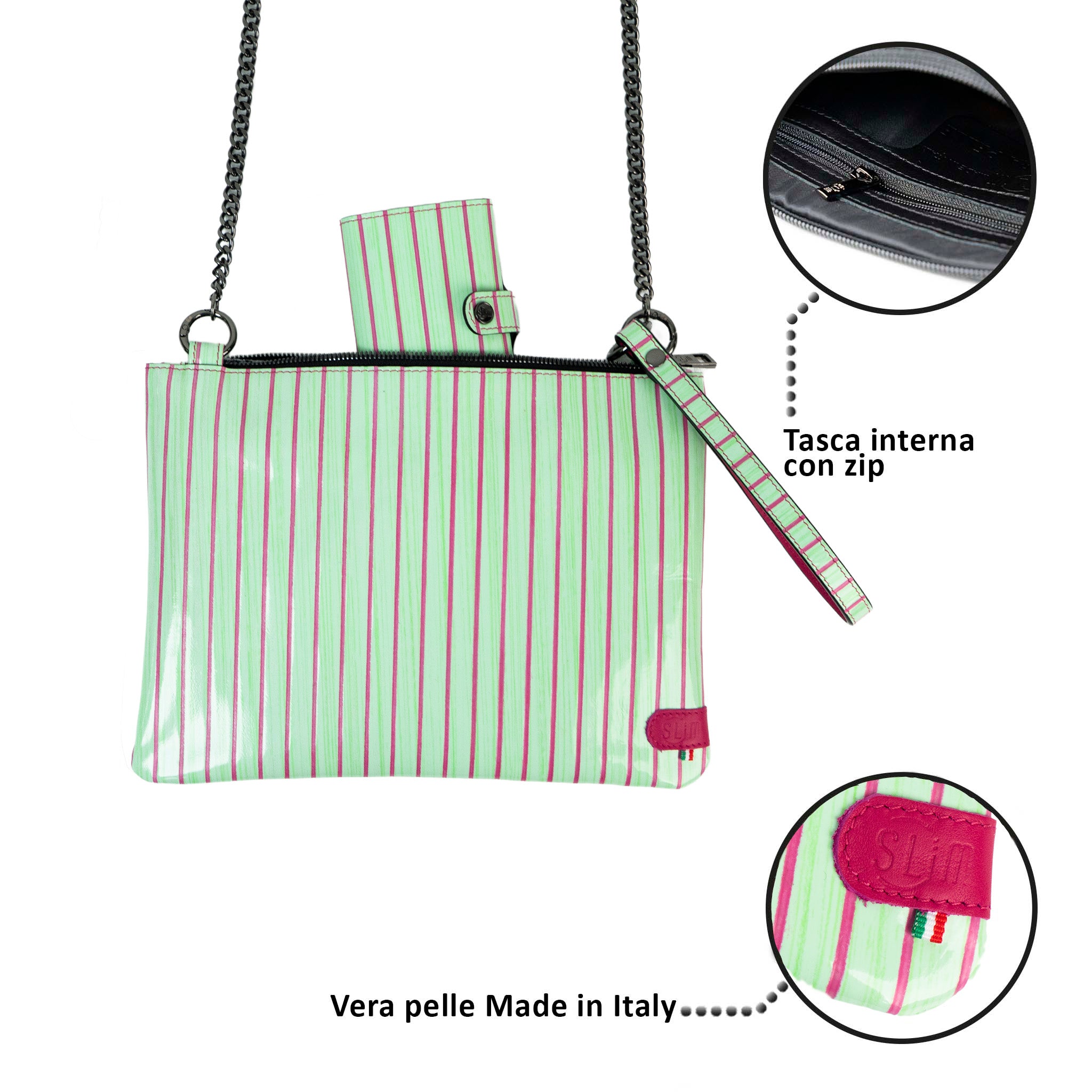 SLim Pochette Tracolla pelle verde fucsia 24 cm