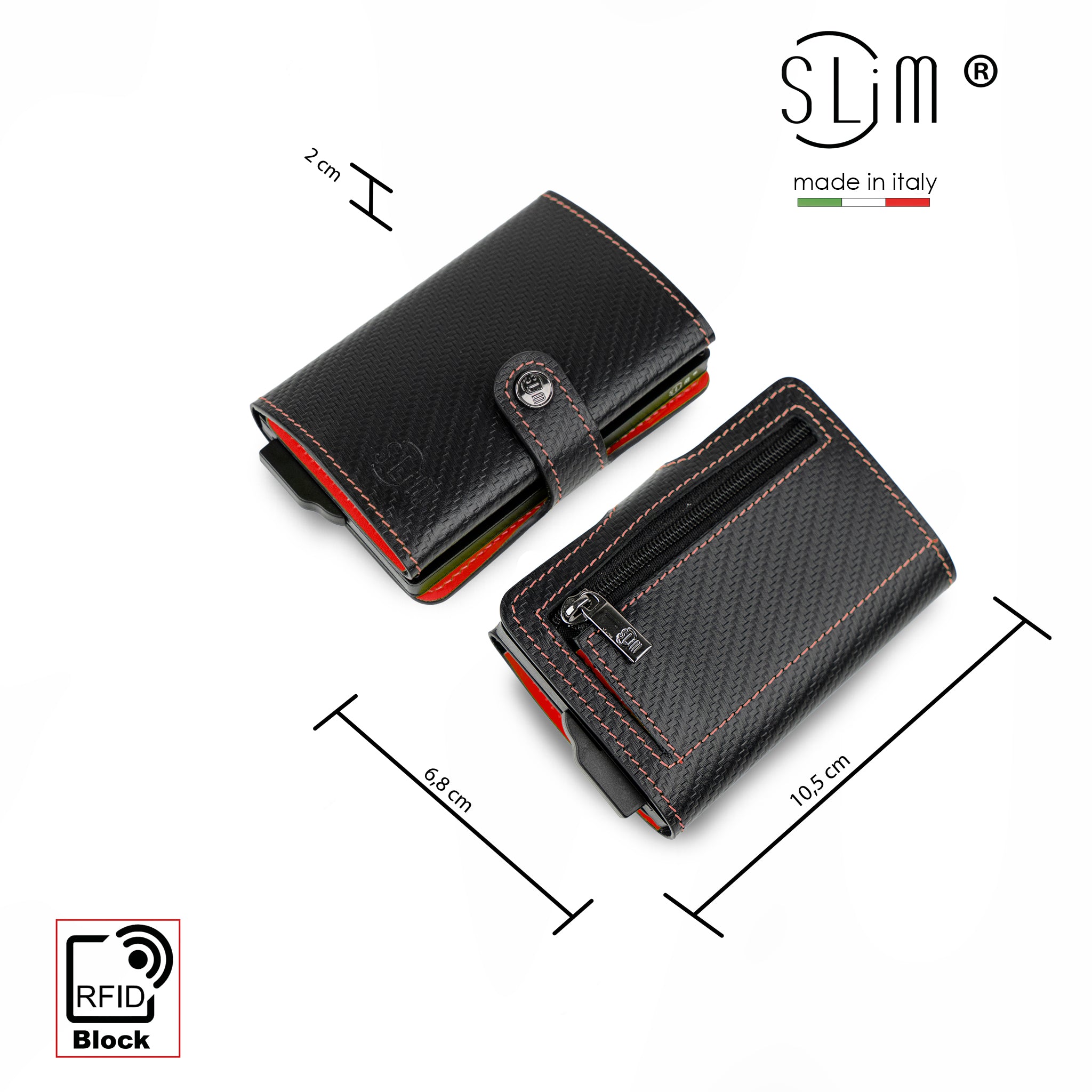 SLim Vera Pelle Carbon Nero Rosso Zip portafoglio compatto RFID