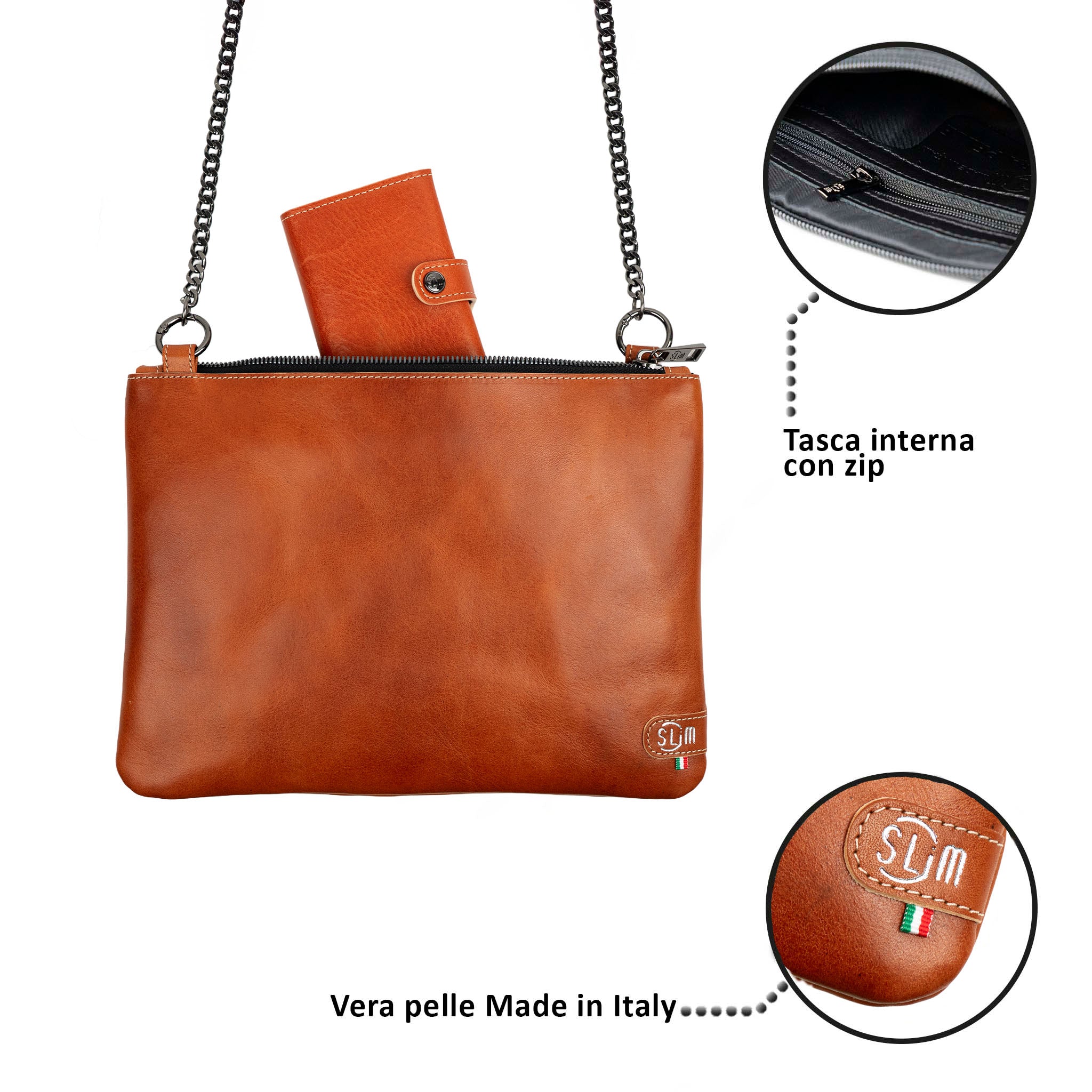 SLim Pochette Tracolla pochette pelle Vegetale Cognac