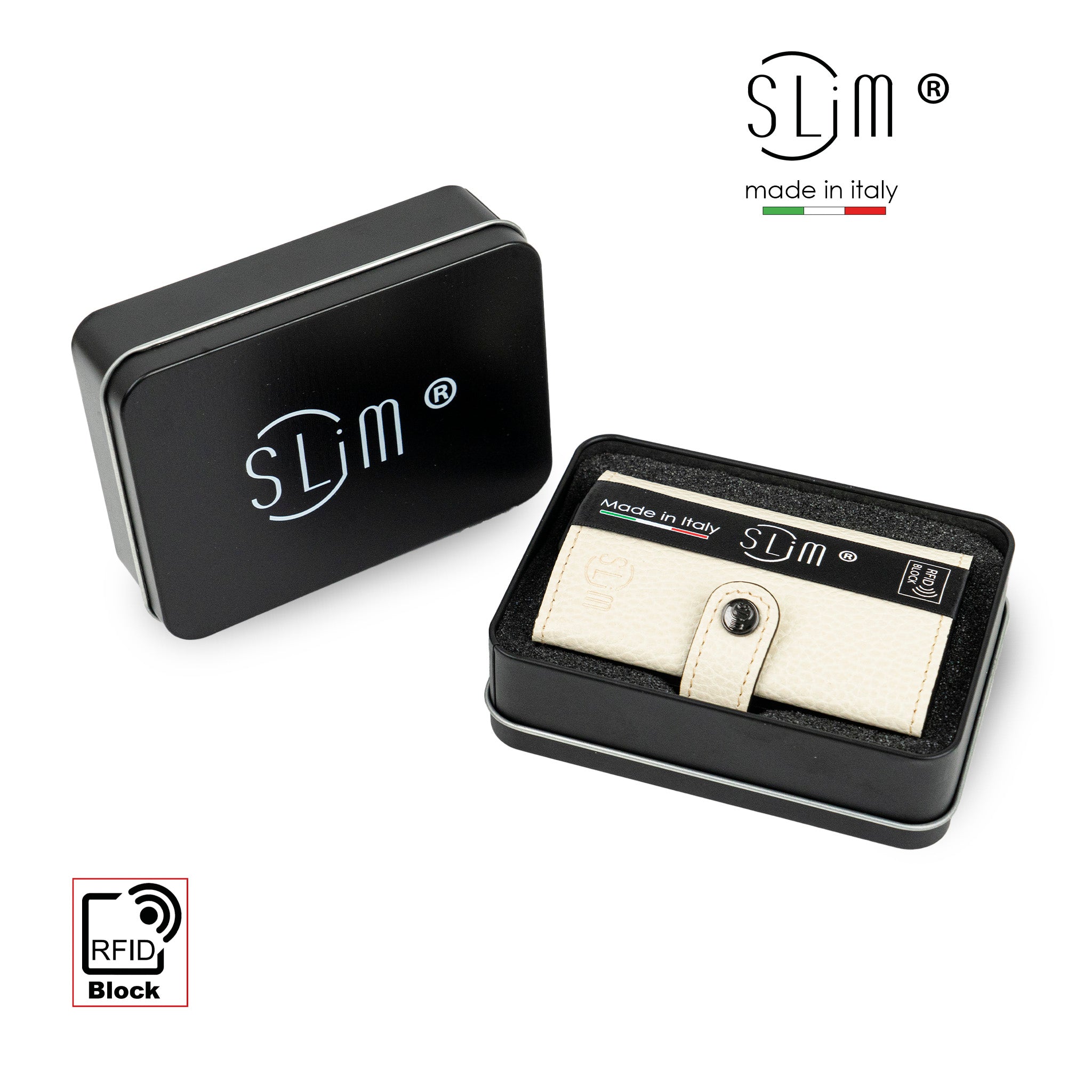 SLim Bottalato Portafoglio Compatto Beige Zip RFID 12 Carte