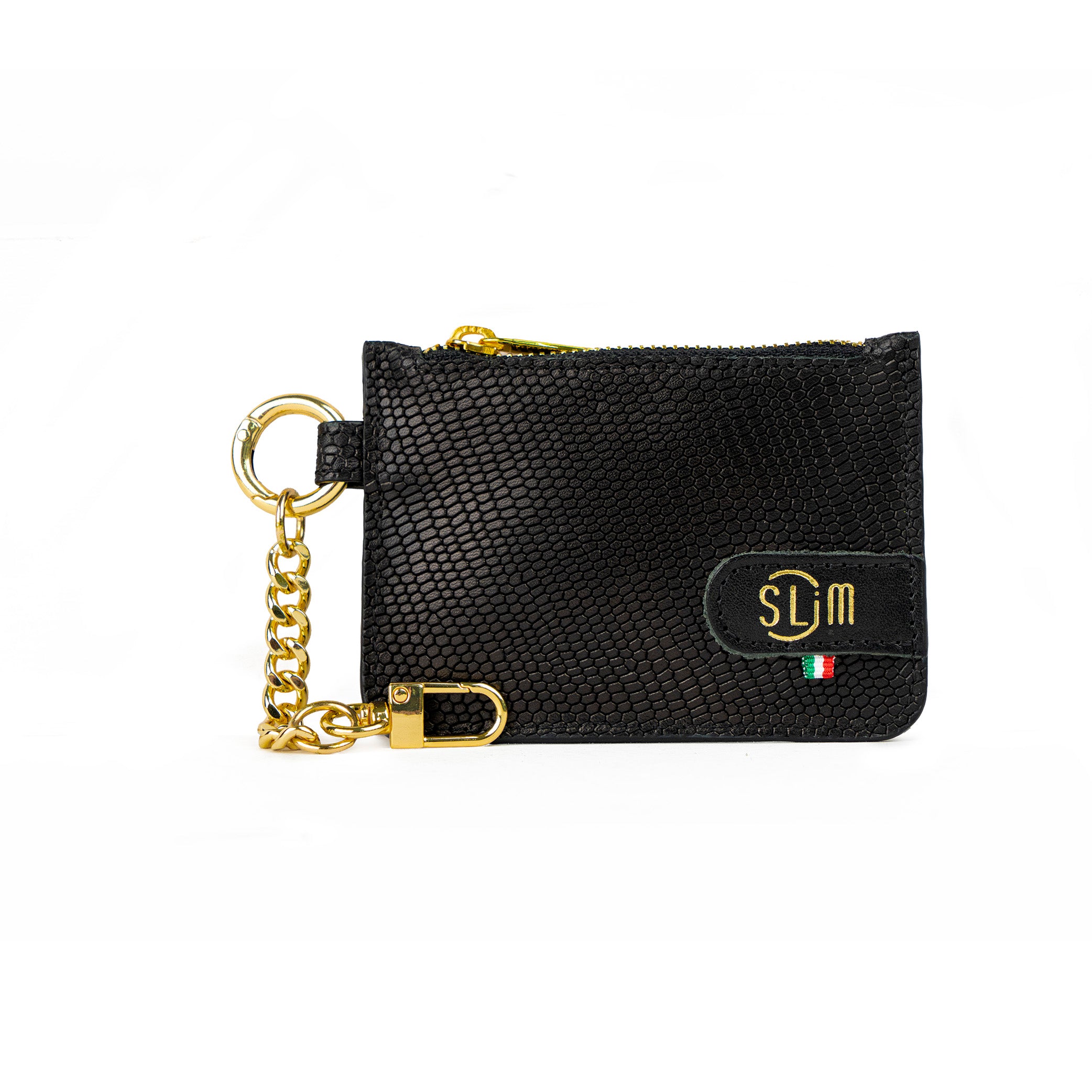 SLim Portachiavi Tejus Nero Oro portamonete pelle 10x7