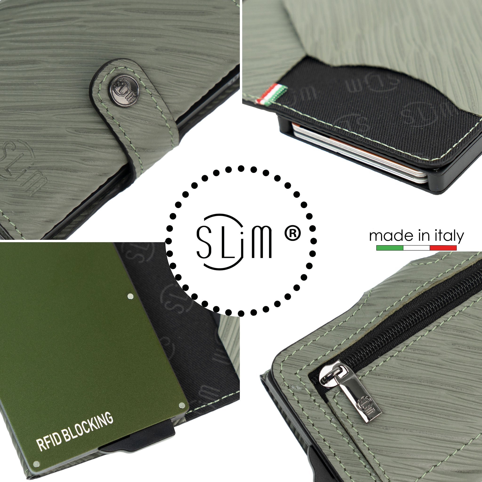 SLim Vera Pelle Stampa Epi Salvia Portafoglio Compatto RFID
