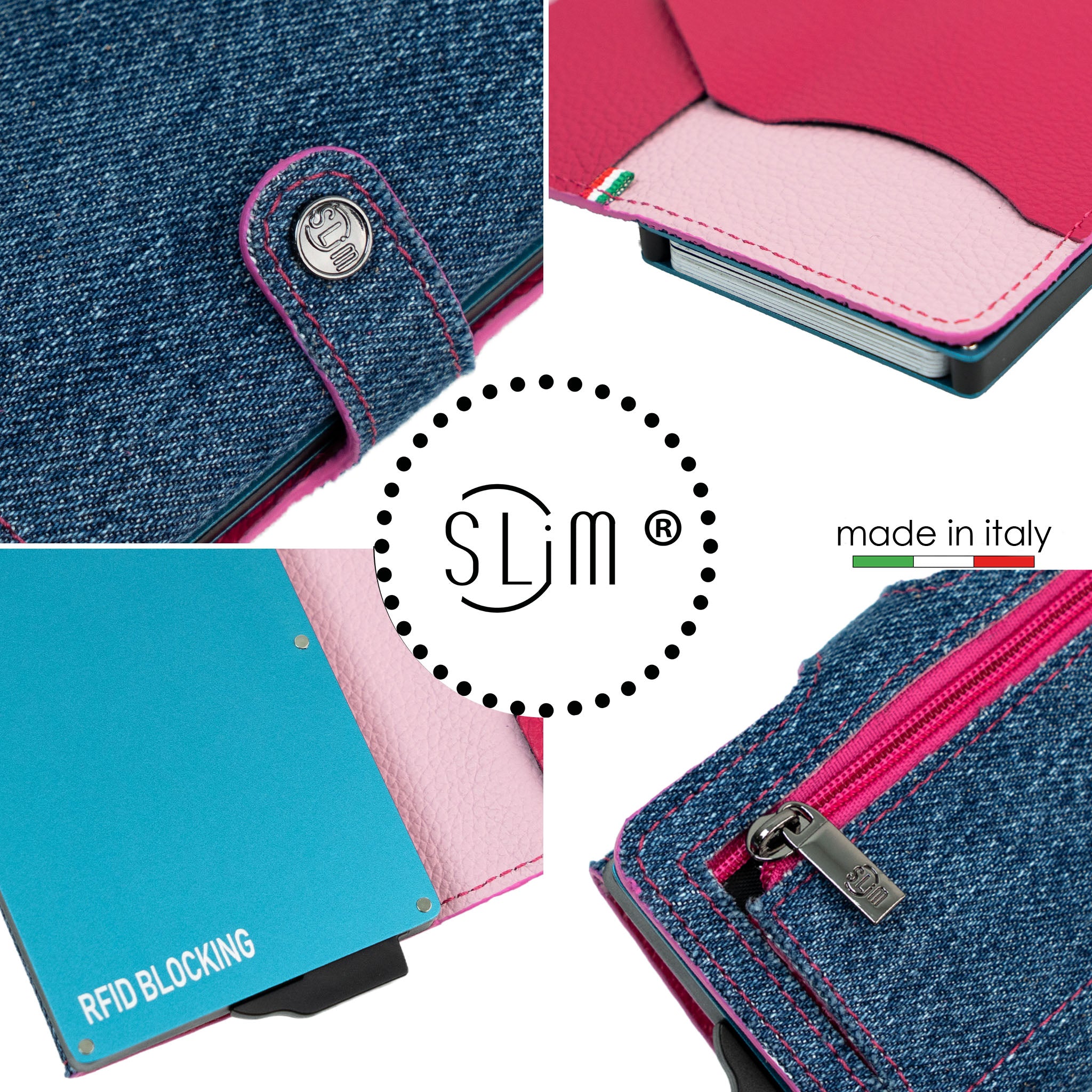 SLim Vera Pelle portafoglio jeans fucsia zip RFID 12 carte