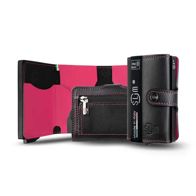 SLim Vera Pelle Portafoglio Nero Fucsia 12 Carte RFID