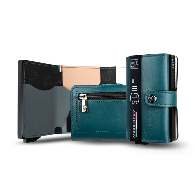 SLim Vera Pelle Liscia Portafoglio Petrolio Multicolor