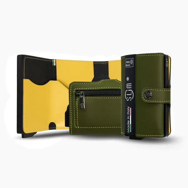SLim Vera Pelle Portafoglio Verde Pistacchio Giallo Zip RFID