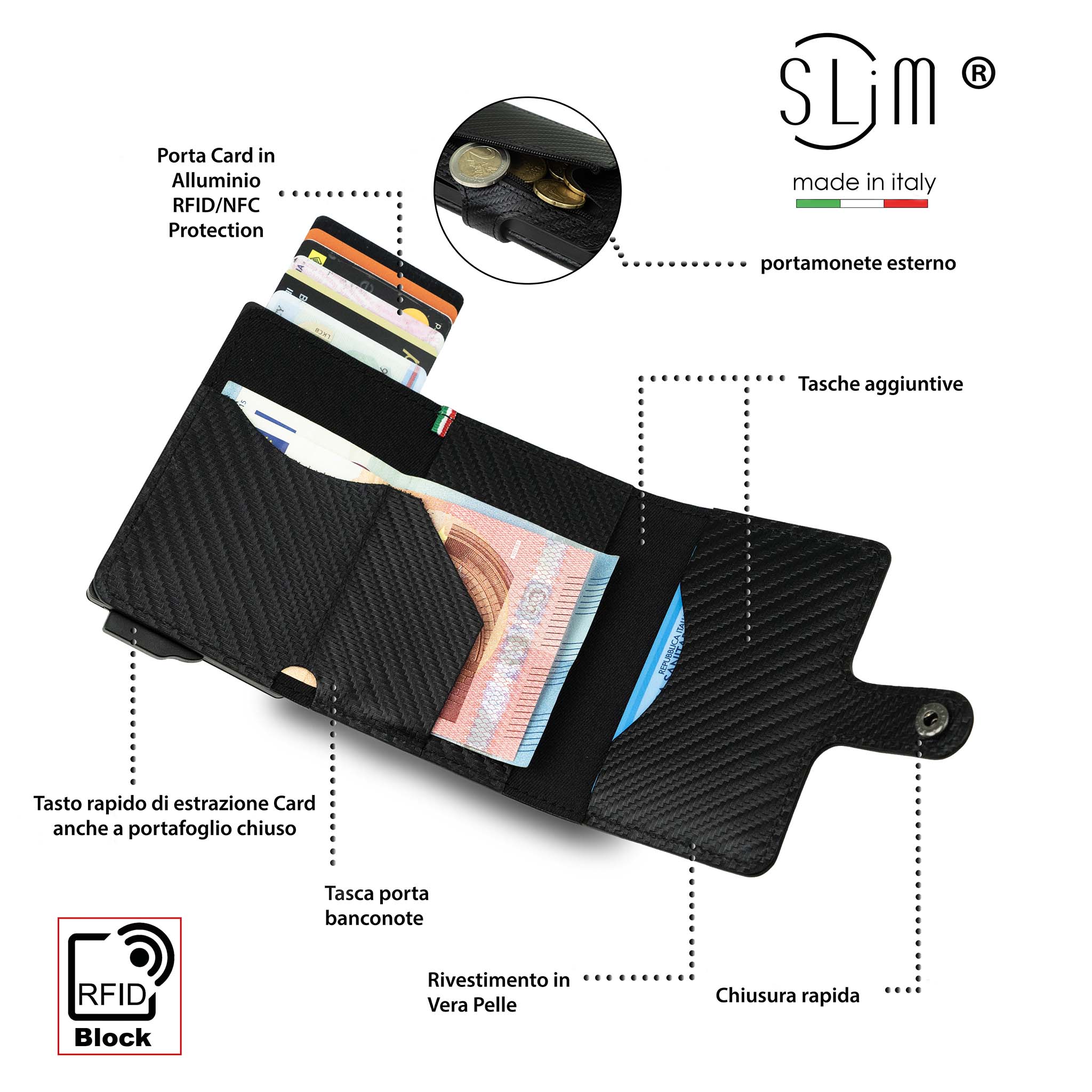 SLim Vera Pelle Carbon Nero portafoglio RFID 12 carte