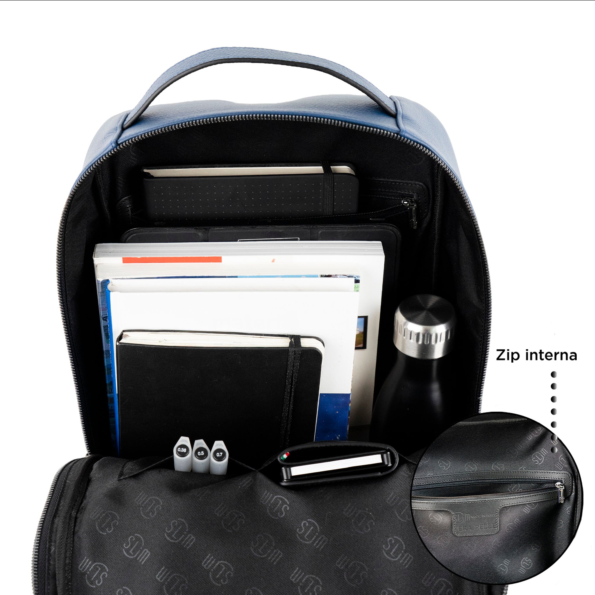 SLim Zaino Medio Vera Pelle Bottalato Blu laptop 14 pollici