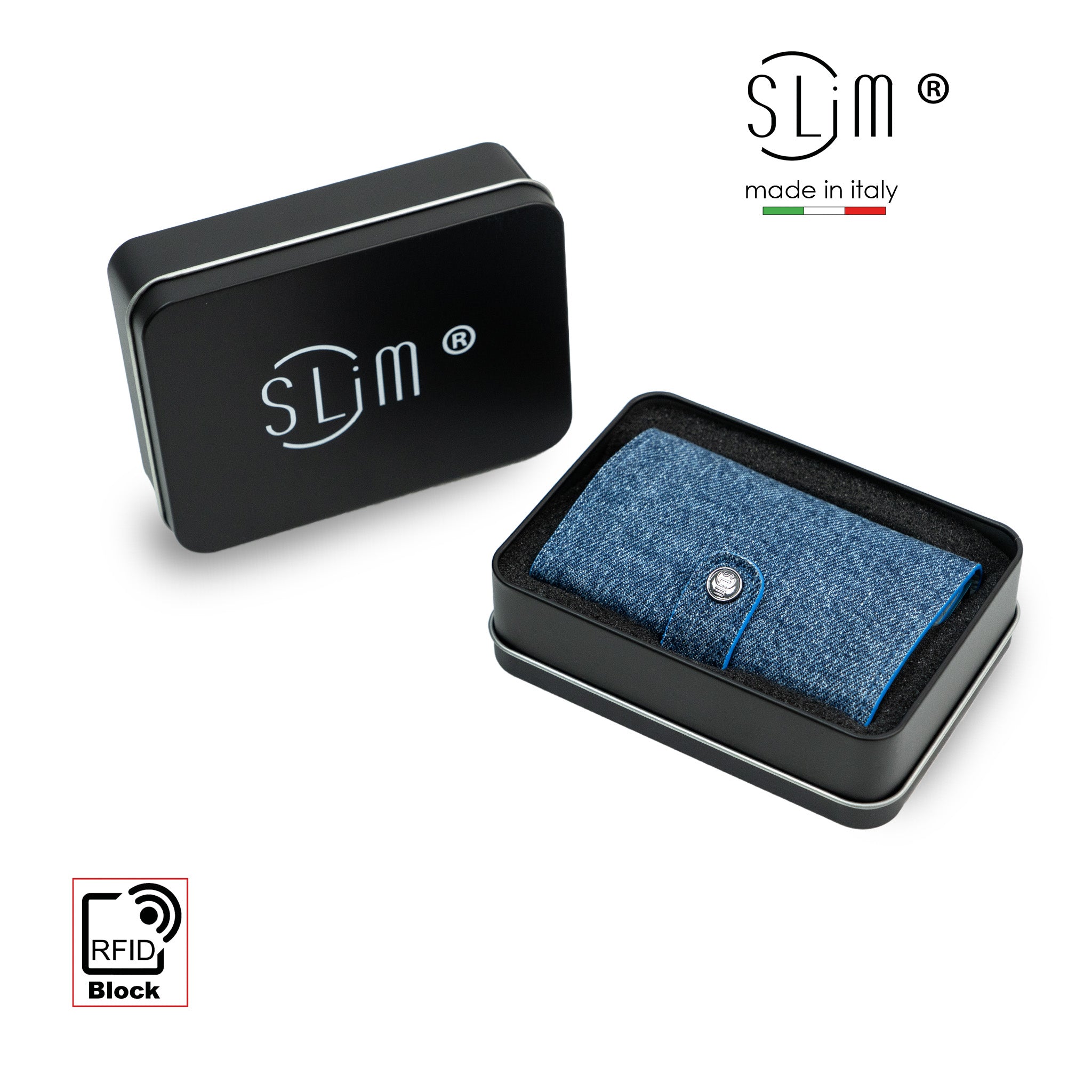 SLim Vera Pelle Porta Carte Jeans Blu con Zip Monete