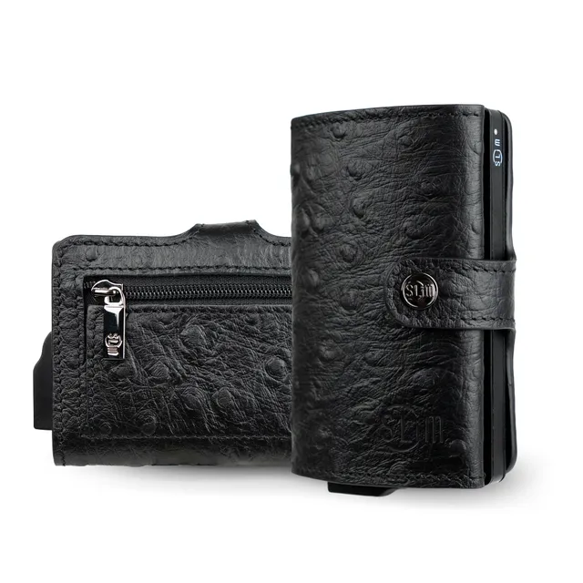 SLim Vera Pelle Portafoglio Nero Stampa Struzzo RFID