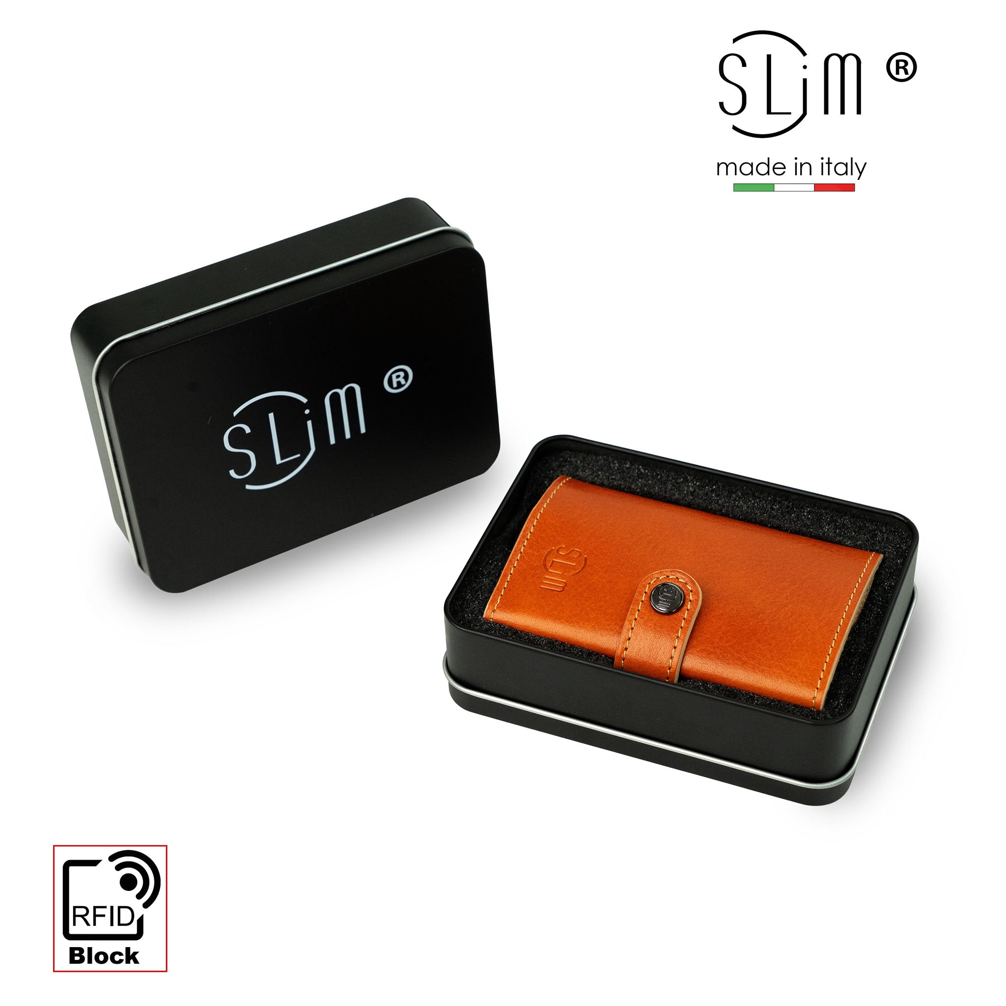 SLim Vera Pelle portacarte arancio concia vegetale zip