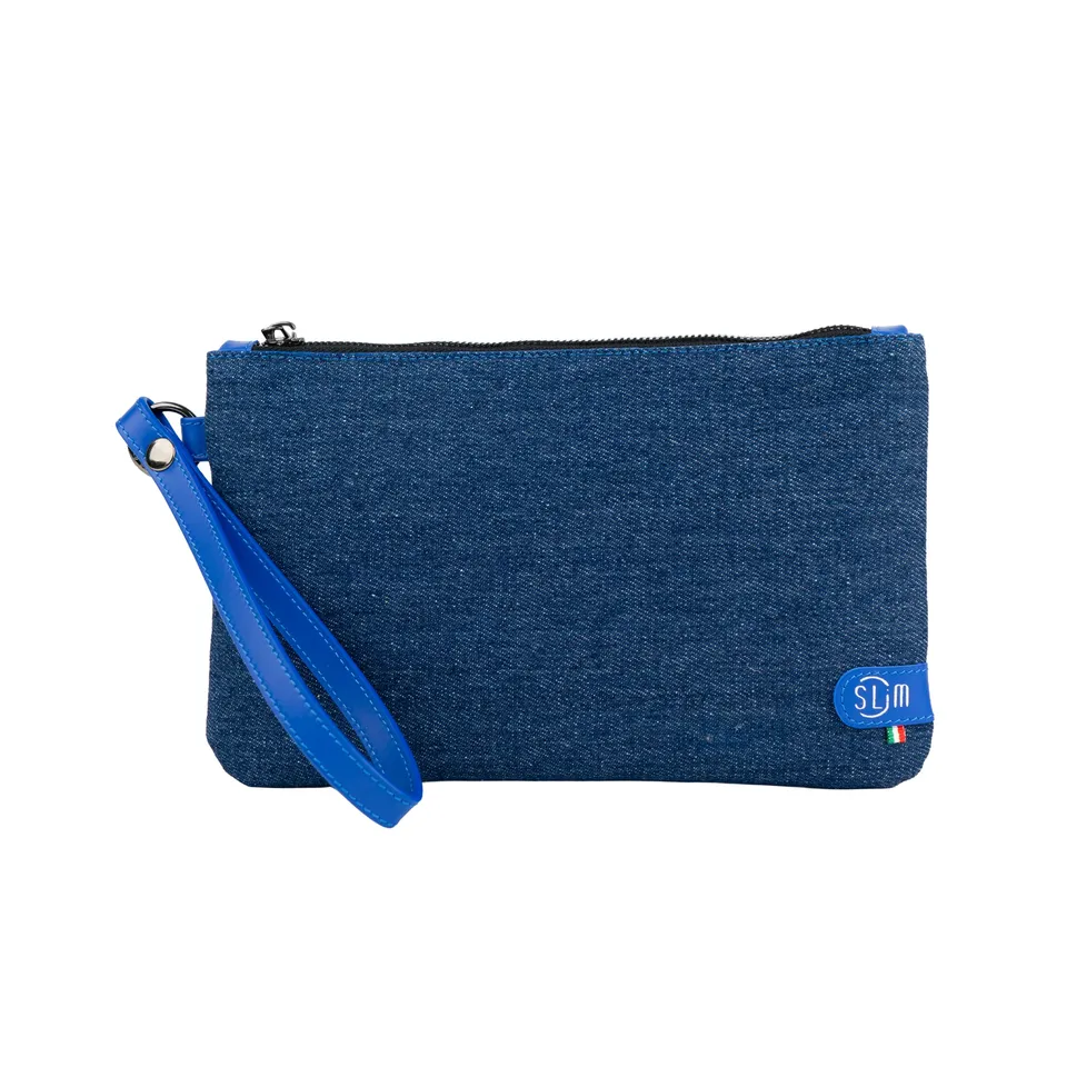 SLim Pochette Polsiera Vera Pelle Jeans Blu Elettrico 23x14 cm