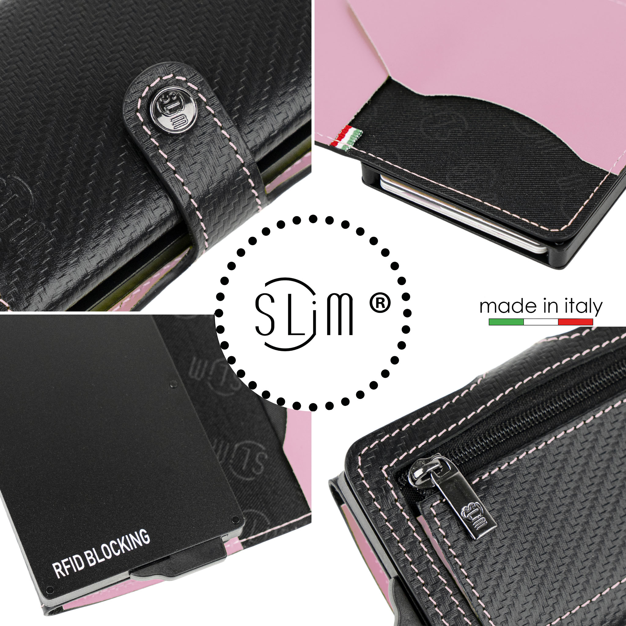 SLim Vera Pelle Carbon Portacarte Nero Rosa Zip RFID